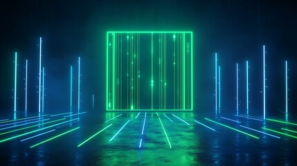 A futuristic neon-lit pathway with green and blue lights creates a mesmerizing and surreal atmosphere in a dark, misty environment.