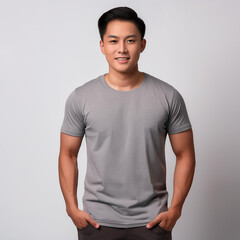 Obraz premium Man Wearing Blank Grey T-Shirt Mockup - Perfect for Custom Designs and Apparel Branding