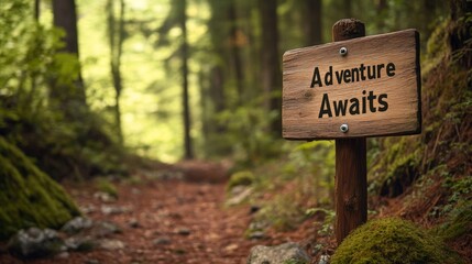 Wooden signpost in a forest with text "Adventure Awaits" carved into the wood outdoor exploration hiking nature trail