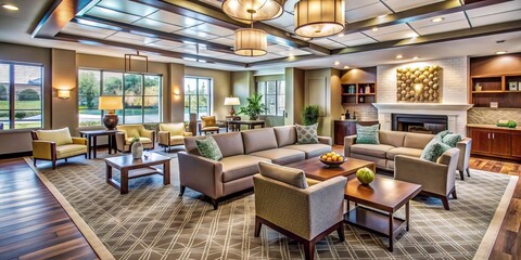 modern architecture meets vintage charm as seniors socialize at sleek community lounge with rich leather furniture and bold geometric patterns