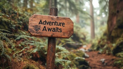 Wooden signpost in a forest with text "Adventure Awaits" carved into the wood outdoor exploration hiking nature trail