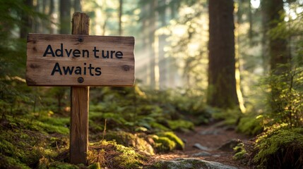 Wooden signpost in a forest with text "Adventure Awaits" carved into the wood outdoor exploration hiking nature trail