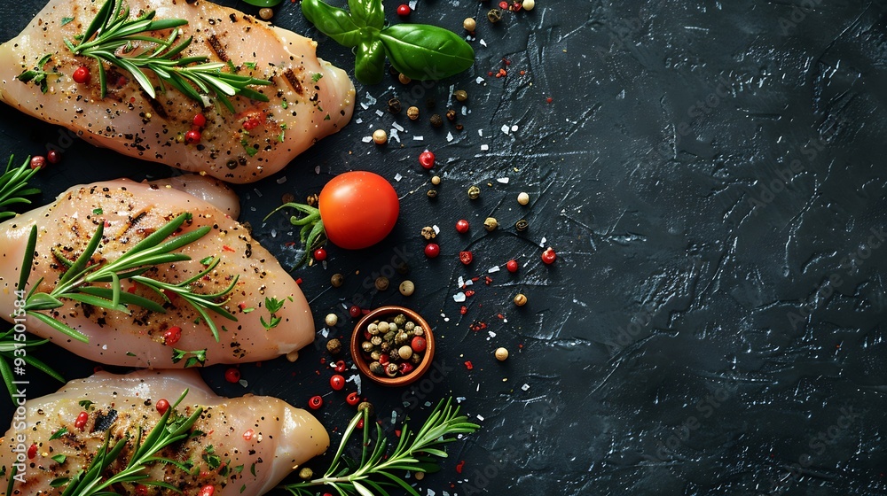 Poster fresh chicken fillet on a dark concrete table with spices and herbs preparation for cooking meat dis