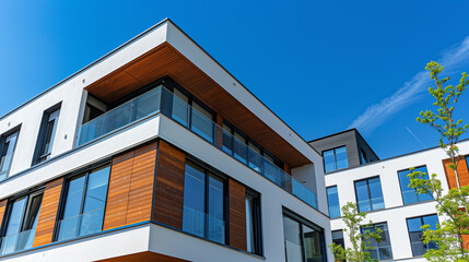 Fragment of a modern residential apartment with a flat building facade against a blue sky.