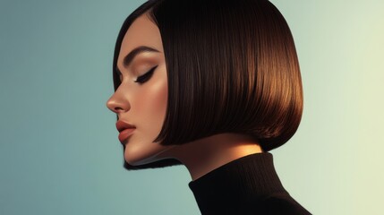 Fototapeta premium Close-up of a woman with a chic bob haircut, emphasizing the sleek, well-maintained ends and the overall stylish look against a clean background.