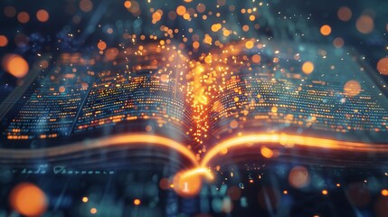 Featured in a futuristic digital book with glowing polygons on a dark background. Stock photo