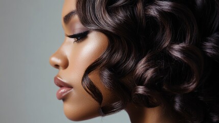 Fototapeta premium Close-up of a woman with elegant, cascading curls styled in loose waves, showcasing the texture and shine of her beautiful hair.