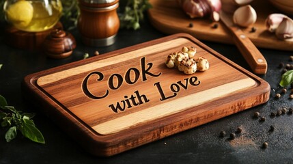 Kitchen cutting board with text "Cook with Love" engraved into the wood culinary arts home cooking food prep kitchen essentials