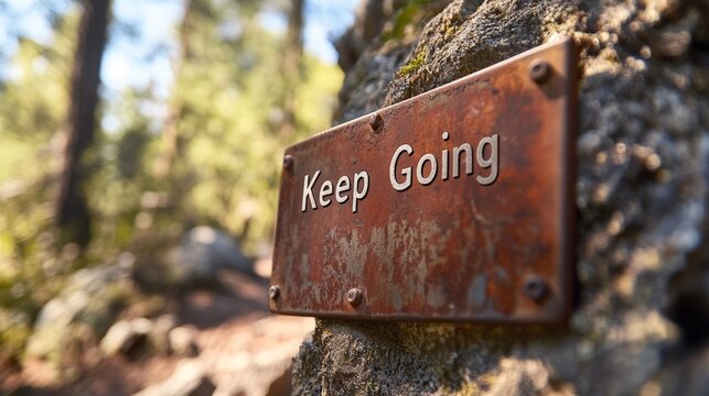 Mountain trail sign with text "Keep Going" etched into a metal plaque hiking motivation outdoor adventure scenic photography