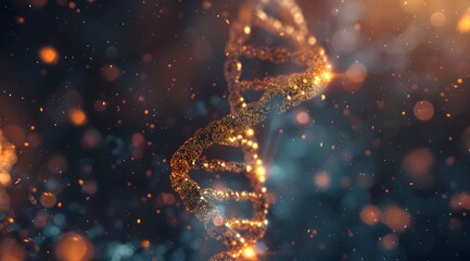 Obraz premium 3D render of a double helix DNA structure, with glowing particles and a bokeh background