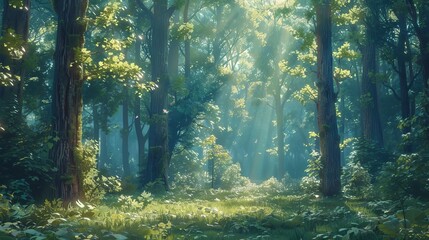 Obraz premium Morning scene with a green forest and sunlight. Photograph.