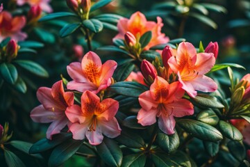 Fototapeta premium Vibrant pink azalea flowers bloom in natural daylight, showcasing delicate petals and golden centers, set against a soft, blurred green foliage background.