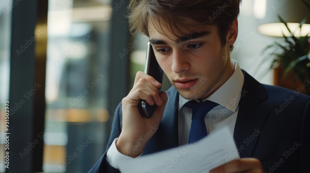 Poster Close-up of a young businessman in a business suit making a phone call while reviewing documents, capturing the multitasking and efficiency in a professional environment.