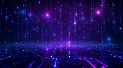 Obraz premium Abstract digital futuristic neon background with glowing lines and dots, representing innovation and technology in a virtual space.