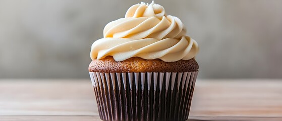 Detailed 3D cupcake, smooth frosting swirls, calm neutral setting, artisan baking