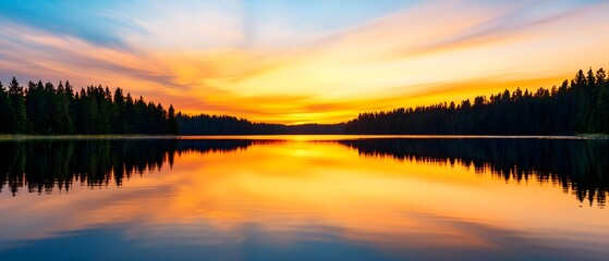 Obraz premium Golden sunset casting a warm glow over a tranquil lake, with gentle ripples creating a mirror-like reflection of the vibrant sky