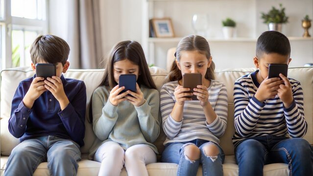Group of young children holding smartphones and hiding faces, sitting on sofa, gen Alpha