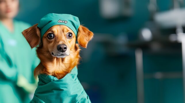 Funny portrayal of a dog wearing scrubs, captured in a "derp" face with a double-take expression, as if reacting to something unexpected