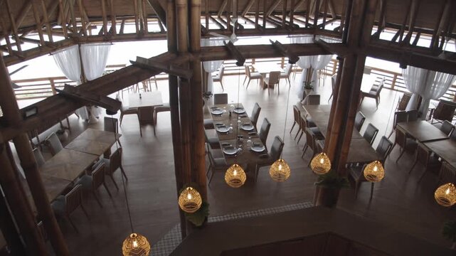 Top down view on dining room of luxury high end eco lodge in South America