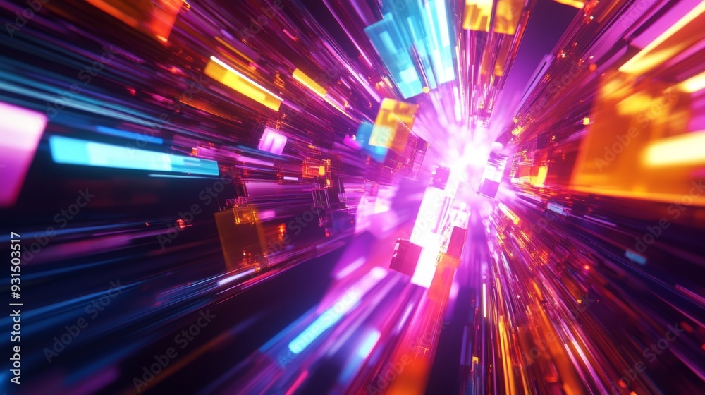 Fototapete close-up of an abstract background with a burst of bright, neon colors and geometric patterns, creat