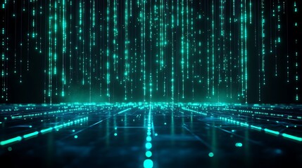 Abstract digital matrix background with glowing green lines and dots, resembling a futuristic virtual reality network or cyber space.
