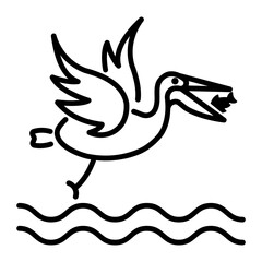 A line icon of pelican eating fish 