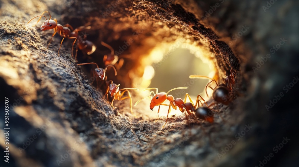 Poster Close-up of an ant nest with several ants emerging, focusing on the entrance and the busy activity of the ants as they move in and out.