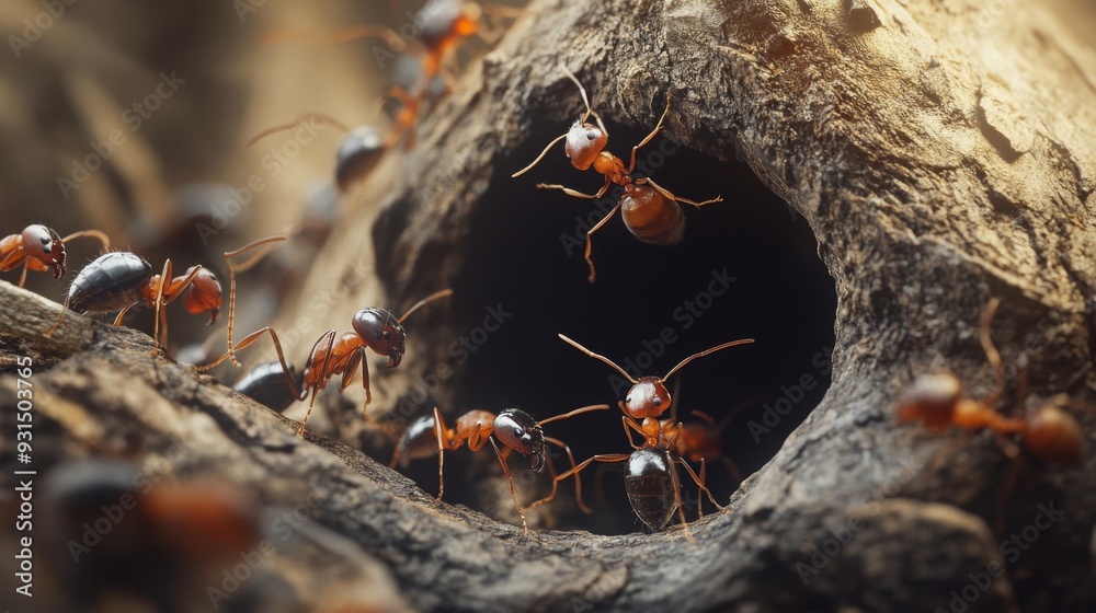 Aufkleber Close-up of an ant nest with several ants emerging, focusing on the entrance and the busy activity of the ants as they move in and out.