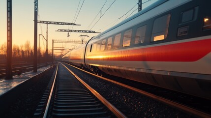 Naklejka premium Close-up of an electric train gliding smoothly along the tracks, highlighting the sleek design and modern features against a clear sky.