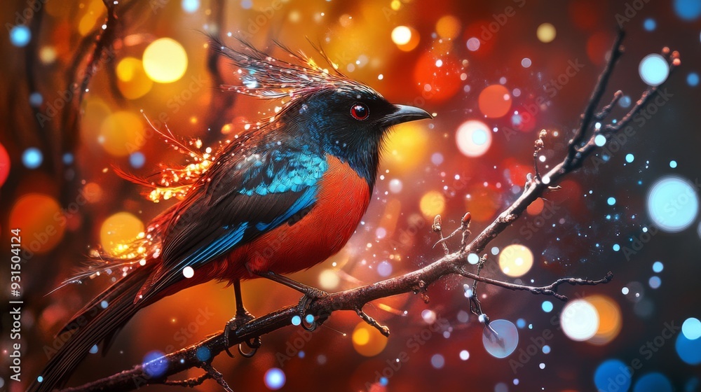 Poster Close-up of an elegant bird with striking feathers, perched on a branch, with a dazzling background of abstract lights creating a vibrant and artistic effect.