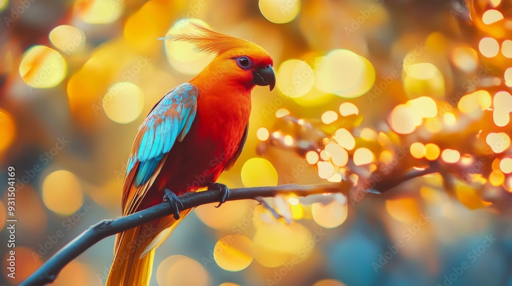 Poster Close-up of an elegant bird with striking feathers, perched on a branch, with a dazzling background of abstract lights creating a vibrant and artistic effect.