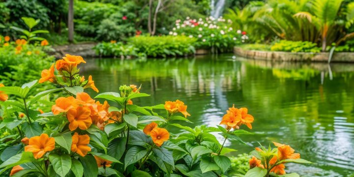 Vibrant orange monkey flowers bloom amidst lush greenery, surrounding a serene pond in a colorful wildlife zoo, showcasing nature's beauty and tranquility.