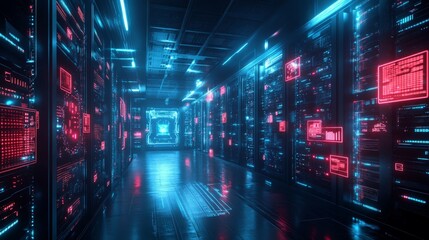 Advanced AI Data Center: A futuristic data center with glowing servers and holographic interfaces, representing advanced AI technology.