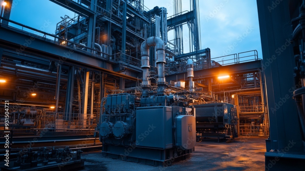 Poster close-up of electrical transformers and high-voltage equipment at a power plant, focusing on the hea
