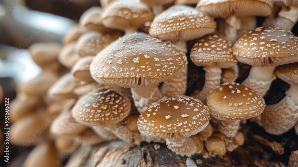 Poster close-up of shiitake mushrooms growing on a log or substrate, highlighting their natural growing env
