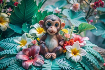 Fototapeta premium Vibrant tropical flowers, including hibiscus and heliconia, surround a playful monkey figurine sitting amidst lush greenery, conveying a sense of carefree summer joy.