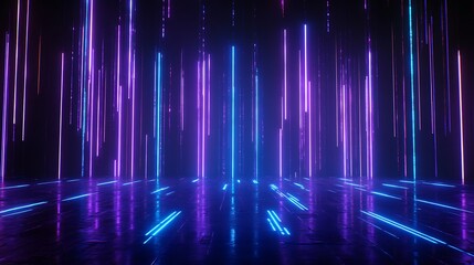 Abstract neon futuristic background with vertical glowing light lines in vibrant purple and blue colors, reflecting on a dark floor.
