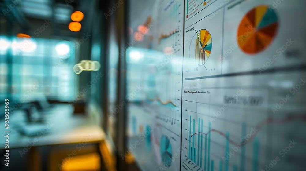 Fototapete Presentation whiteboard and meeting with team chart and sales projection for planning Manager analysis and strategy communication for financial advisor people investment and data for f : Generative AI