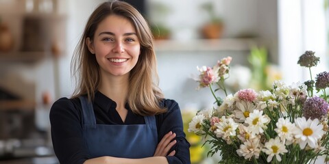 A woman with a blue apron is standing in front of a vase of flowers. She is smiling and she is happy