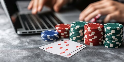 Naklejka premium A person is playing a game of poker on a laptop with a deck of cards and a pile of chips