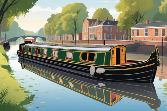 Red narrow boat at a mooring on a summers day in the countryside
