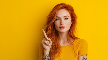 Obraz premium Red hair woman stands against a yellow background, confidently pointing finger to the side. Vibrant backdrop, idea concept.