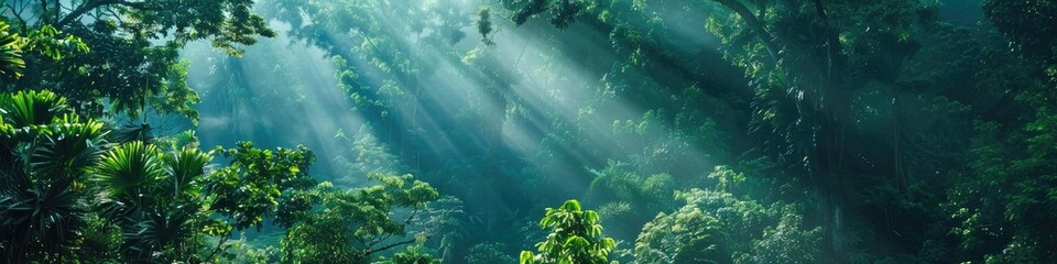 Natural air purification process in a dense woodland where trees emit oxygen and reduce carbon dioxide to address climate change.