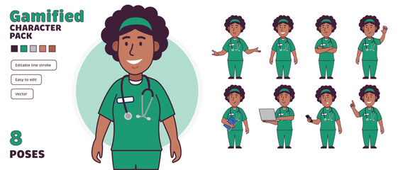 Simple flat black gamified female nurse doctor vector character in a set of multiple poses. Easy to edit and isolated on a white background. Modern trendy style character pack with lots of poses.	
