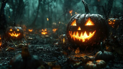 Fototapeta premium A glowing jack-o'-lantern illuminates a dark, foggy forest, creating a spooky and eerie Halloween atmosphere.