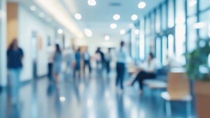 A blurred image of a busy indoor space with people interacting and moving around.