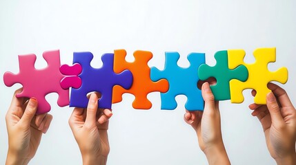 Five hands holding puzzle pieces together, symbolizing collaboration and teamwork.
