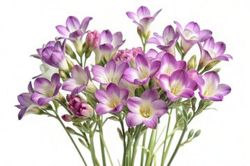 Vibrant purple freesia flowers bloom against a pristine white backdrop, showcasing delicate petals and slender stems in a striking contrast in this intimate macro shot.