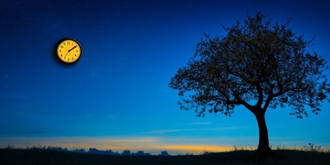 Fototapeta premium A tree is silhouetted against a dark sky with a large clock in the foreground. The clock is set at 11:00