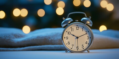 Silver alarm clock on a bed with a blanket.